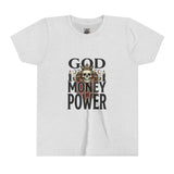 Youth Tee — 'God Money Power' Skull Graphic Shirt