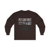 Long Sleeve Tee — "Put God First, Hustle for the Money, Put Yourself in Power" Inspirational Faith & Hustle Top