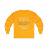 Inspirational Faith Hustle Long Sleeve Tee — “Put GOD First, Hustle For The MONEY, Put Yourself In POWER”