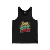 God Money Power Graphic Tank Top — Faith & Hustle Comic-Style Design
