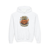 Halloween Pumpkin Hoodie — “God Money Power” Graphic Youth Sweatshirt