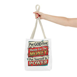 Tote Bag — "Put GOD First, Hustle For The MONEY, Put Yourself In POWER" Inspirational Graphic Tote