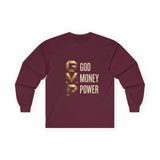 GMP Long Sleeve Tee — God Money Power Gold Graphic