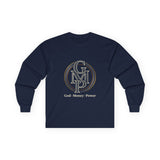 Long Sleeve Tee — Gold Monogram GMP Logo “God, Money, Power”