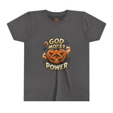 Youth Tee — "God Money Power" Halloween Pumpkin Graphic