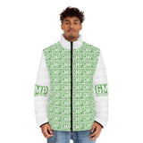 GMP Logo Puffer Jacket — All-Over Print Green Block Pattern