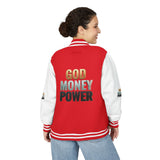 Letterman Jacket - "GOD MONEY POWER" Graphic Varsity Jacket with Chest Logo