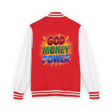 Letterman Jacket — "God Money Power" Retro Graphic Varsity Jacket