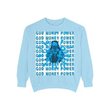 Graphic Sweatshirt - "God Money Power" Blue Retro Streetwear Crewneck