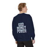 Graphic Sweatshirt - "God Money Power" Blue Retro Streetwear Crewneck