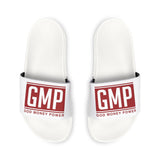 Men's Slide Sandals — White Removable-Strap Slides with 'GMP God Money Power' Graphic