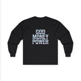 God Money Power Long Sleeve Tee — Retro Neon Graphic Faith & Hustle Shirt