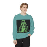 Graphic Sweatshirt — Neon Green ‘God Money Power’ Gothic Nun Design