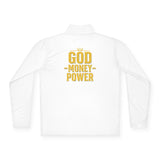 God • Money • Power Quarter-Zip Pullover — Bold Gold Graphic