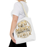 God Money Power Tote Bag — Bold Pyramid Graphic Religious Statement Tote