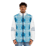 Powergod Money Puffer Jacket — All-Over Print Blue Graphic Men's Jacket