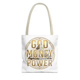 God Money Power Tote Bag — Bold Pyramid Graphic Religious Statement Tote