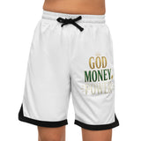 God Money Power Basketball Shorts — White Athletic Rib Shorts with Motivational Gold Green Print