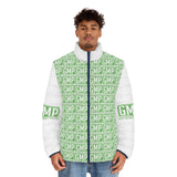 GMP Logo Puffer Jacket — All-Over Print Green Block Pattern