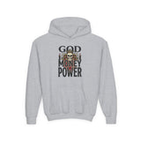Youth Hoodie "God Money Power" Skull Graphic