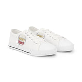 God Money Power Men’s Low Top Sneakers — Retro Badge Graphic White Canvas