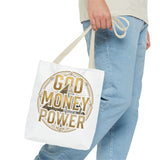 God Money Power Tote Bag — Bold Pyramid Graphic Religious Statement Tote