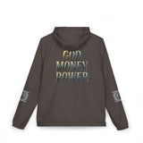 Windbreaker Jacket — "GOD MONEY POWER" Camo Zip-Up Hooded Jacket