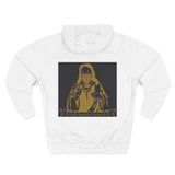 Three-Panel Fleece Hoodie — Vintage Gold Priest Graphic “God Money Power”