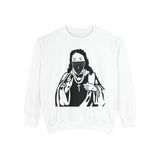 Graphic Sweatshirt — 'God Money Power' Religious Icon Masked Portrait