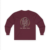 Long Sleeve Tee — Gold Monogram GMP Logo “God, Money, Power”