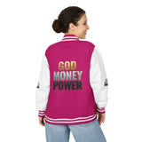 Letterman Jacket - "GOD MONEY POWER" Graphic Varsity Jacket with Chest Logo