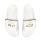 Slide Sandals — White "Hustle for the Money" Adjustable Strap Slides