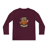 Youth Long Sleeve Tee — 'God Money Power' Halloween Pumpkin Graphic