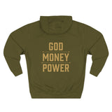 God Money Power Hoodie — Graphic Religious Statement Pullover
