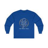 Long Sleeve Tee — Gold Monogram GMP Logo “God, Money, Power”