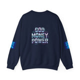 Crewneck Sweatshirt — 'God Money Power' Blue Graphic Pullover