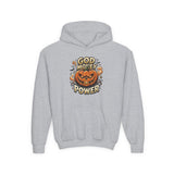 Halloween Pumpkin Hoodie — “God Money Power” Graphic Youth Sweatshirt