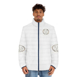 God Money Power Puffer Jacket — Men's White Logo Winter Coat
