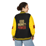 Letterman Jacket — "God Money Power" Red & White Varsity Jacket