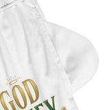 God Money Power Basketball Shorts — White Athletic Rib Shorts with Motivational Gold Green Print