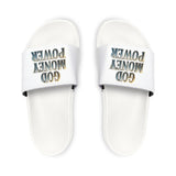 Slide Sandals — "GOD MONEY POWER" White Removable‑Strap Pool Slides for Men