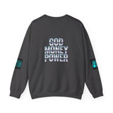 Crewneck Sweatshirt — GOD MONEY POWER Graphic Crewneck (Neon Cyan on White)