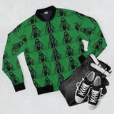 Green Patterned Bomber Jacket — Repeating Hooded Figure All-Over Print