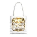 Tote Bag — "God Money Power" Gold Graphic Tote for Faith & Hustle
