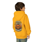 Halloween Pumpkin Hoodie — “God Money Power” Graphic Youth Sweatshirt