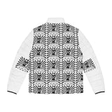 Puffer Jacket — Monochrome Graphic Samurai All-Over Print