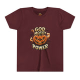 Youth Tee — "God Money Power" Halloween Pumpkin Graphic