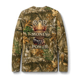 Camo Long Sleeve Tee — "God Money Power" Crown & Fist Pocket Shirt
