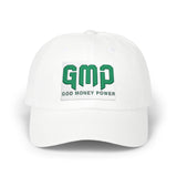 GMP 'God Money Power' Embroidered Classic Dad Cap — White Adjustable Baseball Hat