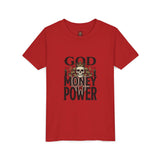 Youth Tee — 'God Money Power' Skull Graphic Shirt